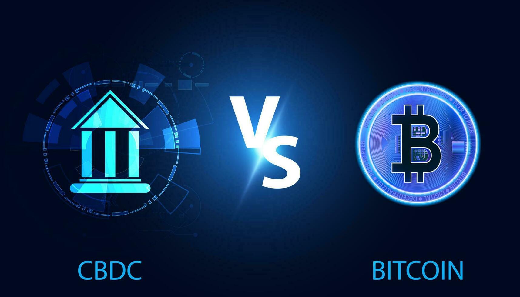 CBDC zentral Bank Digital Währung Konzept, Digital Währung problematisch durch das zentral Bank von das Land vs. Bitcoin auf ein Blau Hintergrund. vektor