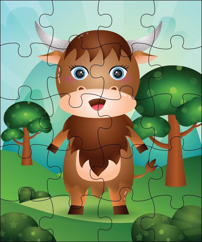 Puzzlespielillustration für Kinder mit niedlichem Büffel vektor