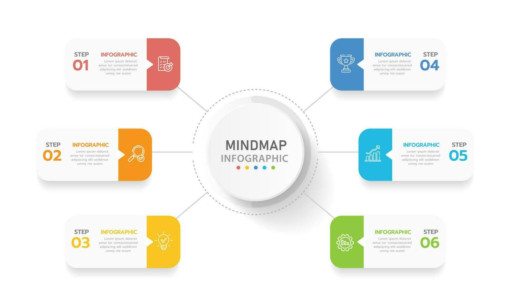 Infografik-Vorlage für Unternehmen. 6 Schritte modernes Mindmap-Diagramm mit rechteckigen Themen, Präsentationsvektor-Infografik. vektor