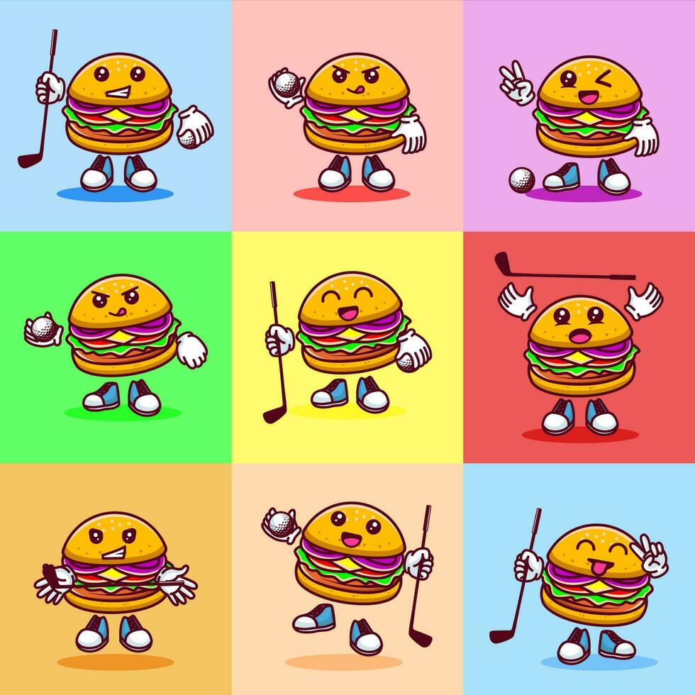 einstellen von Vektor Illustration von kawaii Burger Karikatur Charakter mit Stock Golf und Ball. Vektor eps 10