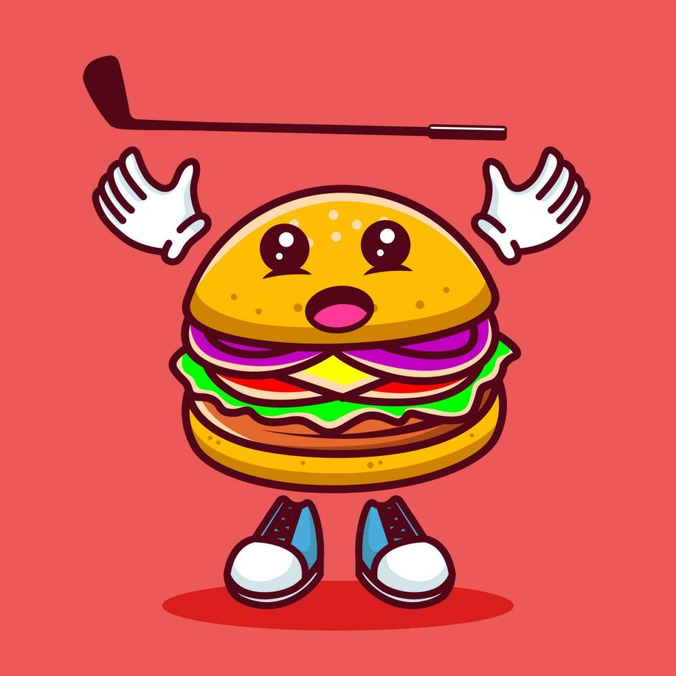 Vektor Illustration von kawaii Burger Karikatur Charakter mit Stock Golf und Ball. Vektor eps 10