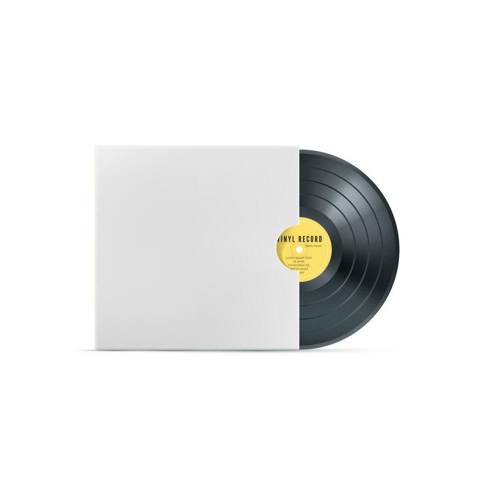 vinyl musik spela in. retro audio disk. realistisk årgång grammofon skiva med omslag mockup. vektor illustration