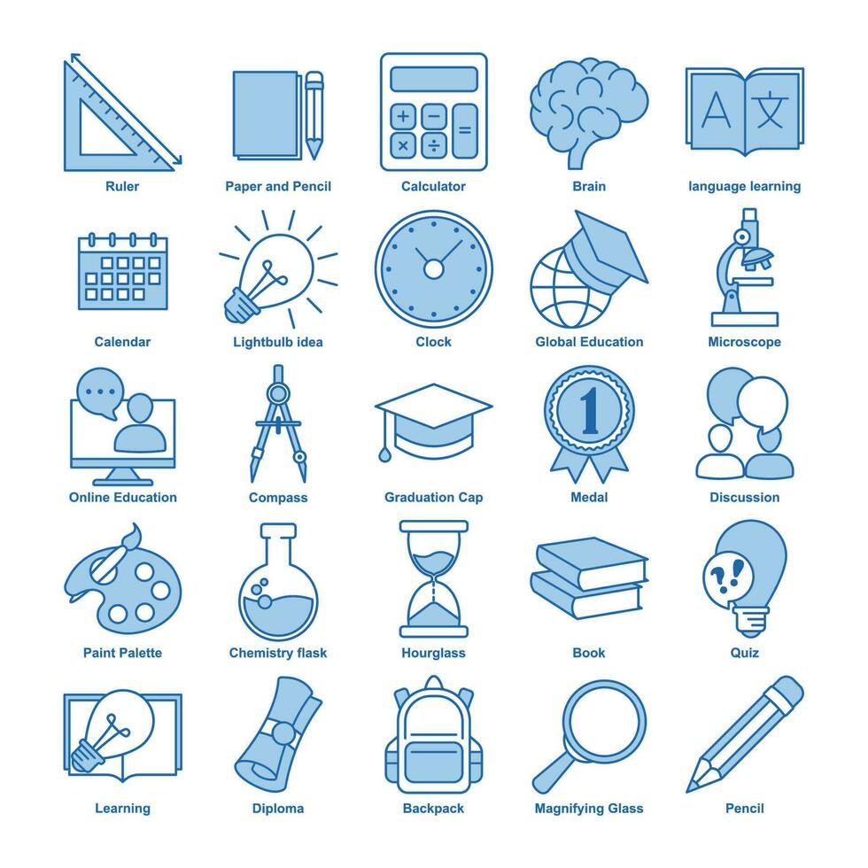 E-Learning Bildung Elemente eben einstellen Symbol Symbol Vorlage zum Grafik und Netz Design Sammlung. Buch, Mikroskop, Zertifikat, Diplom, Bleistift und Mehr Logo Vektor Illustration