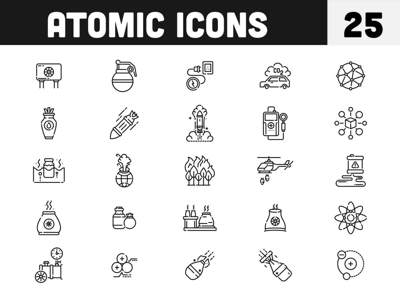 tunn linje konst av 25 atom- ikoner uppsättning. vektor