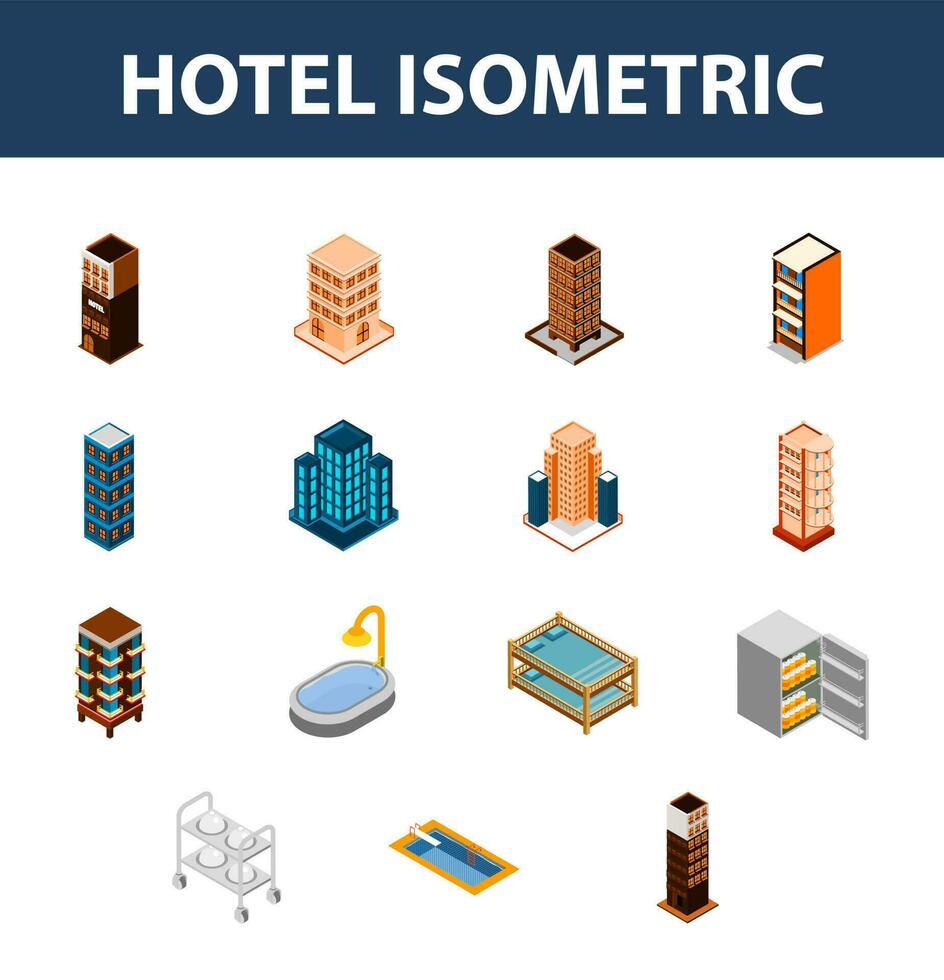 3d isometrisch einstellen von Hotel Symbol. vektor