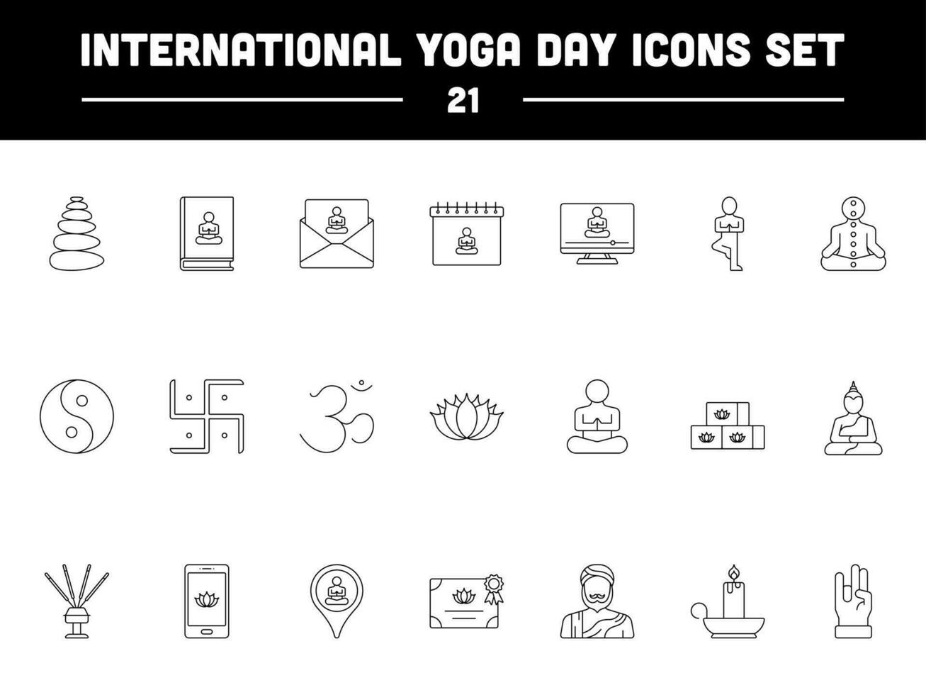 illustration av internationell yoga dag 21 ikon uppsättning i tunn linje konst. vektor