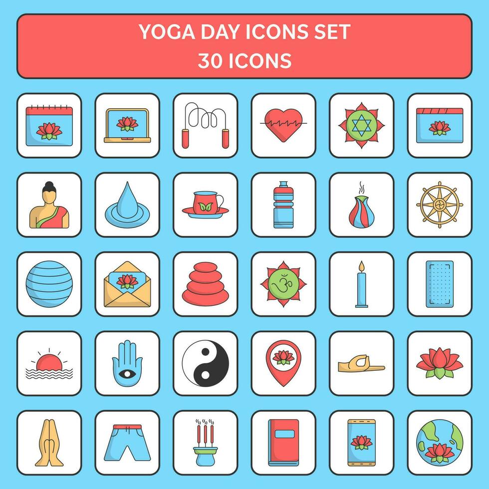 Illustration von bunt International Yoga Tag 30 Symbol einstellen im eben Stil. vektor