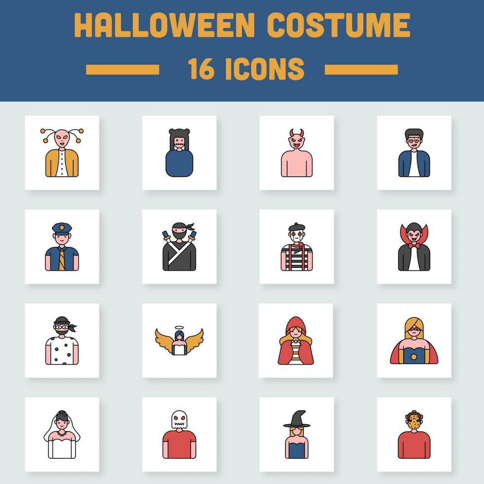 platt stil halloween kostym färgrik ikon uppsättning. vektor