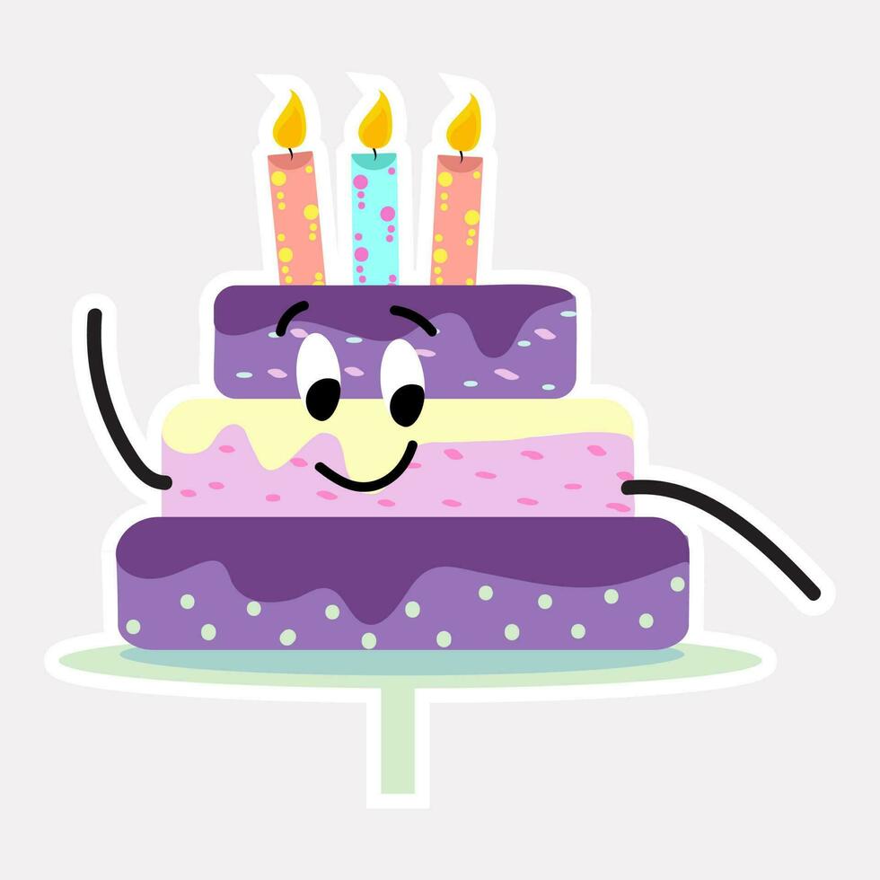 süß Karikatur Charakter geschichtet Kuchen mit Verbrennung Kerze bunt Aufkleber. vektor