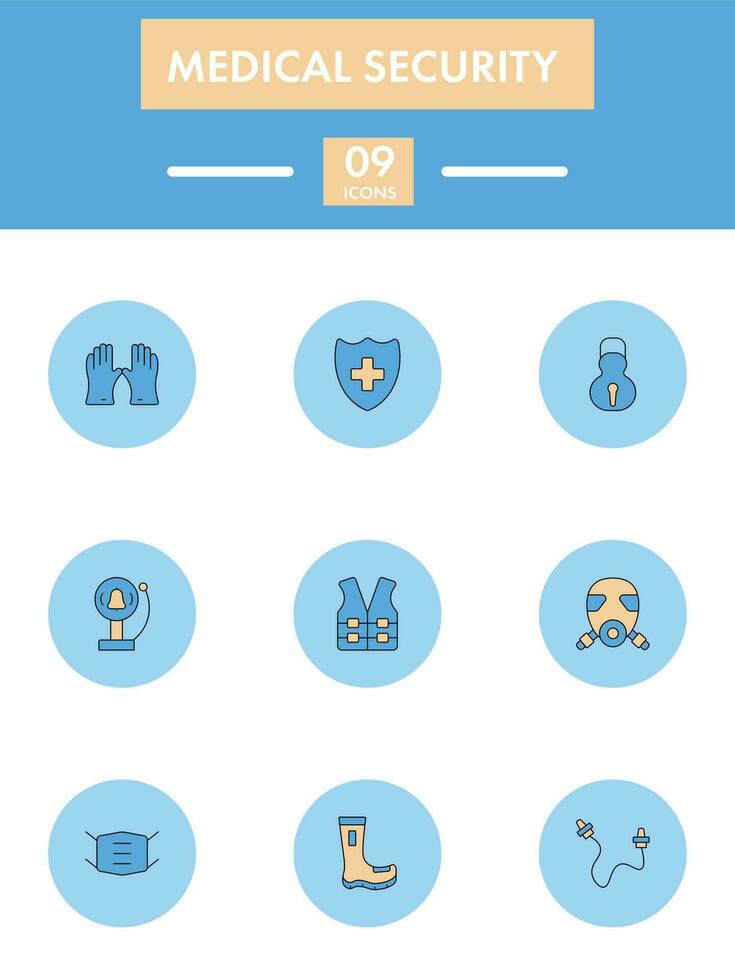 blå och orange Färg uppsättning av medicinsk säkerhet ikon i platt stil. vektor