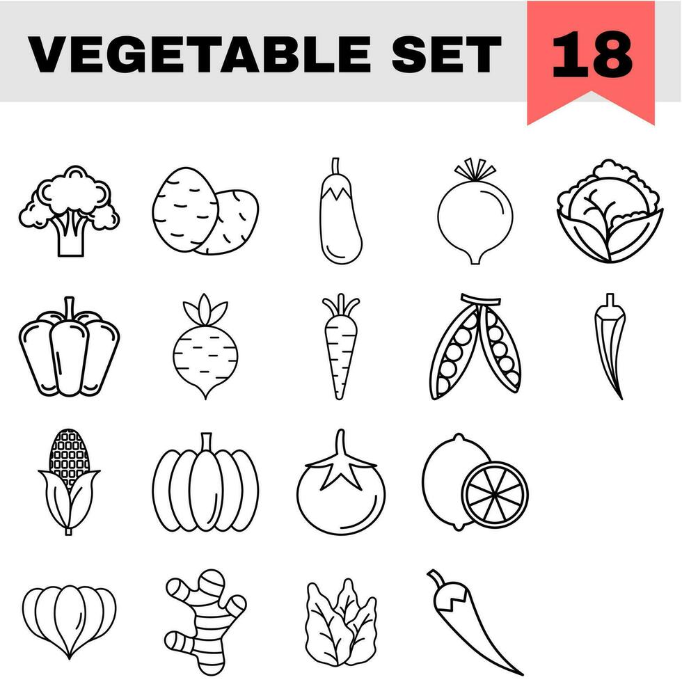 18 vegetabiliska ikoner eller symbol i svart linje konst. vektor