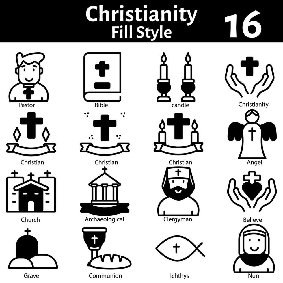 Illustration von Christentum Symbol einstellen im schwarz und Weiß Farbe. vektor