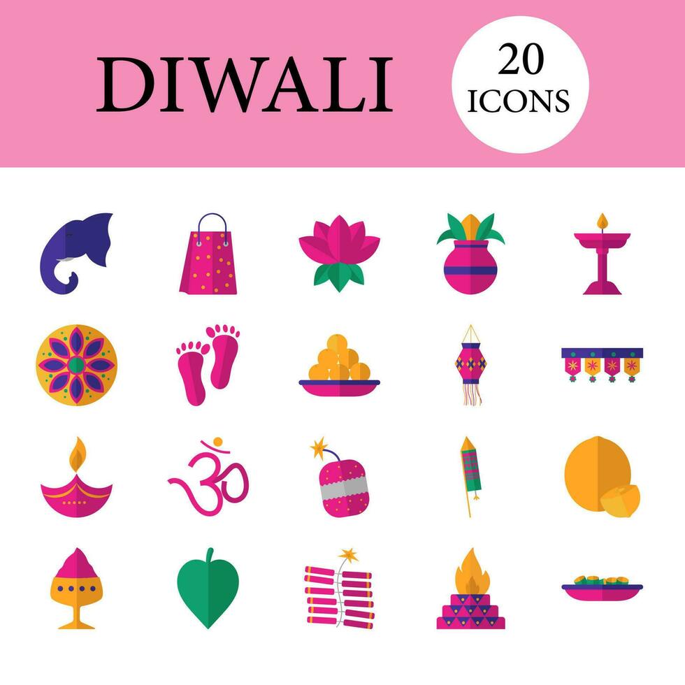 uppsättning av diwali färgrik ikoner i platt stil. vektor
