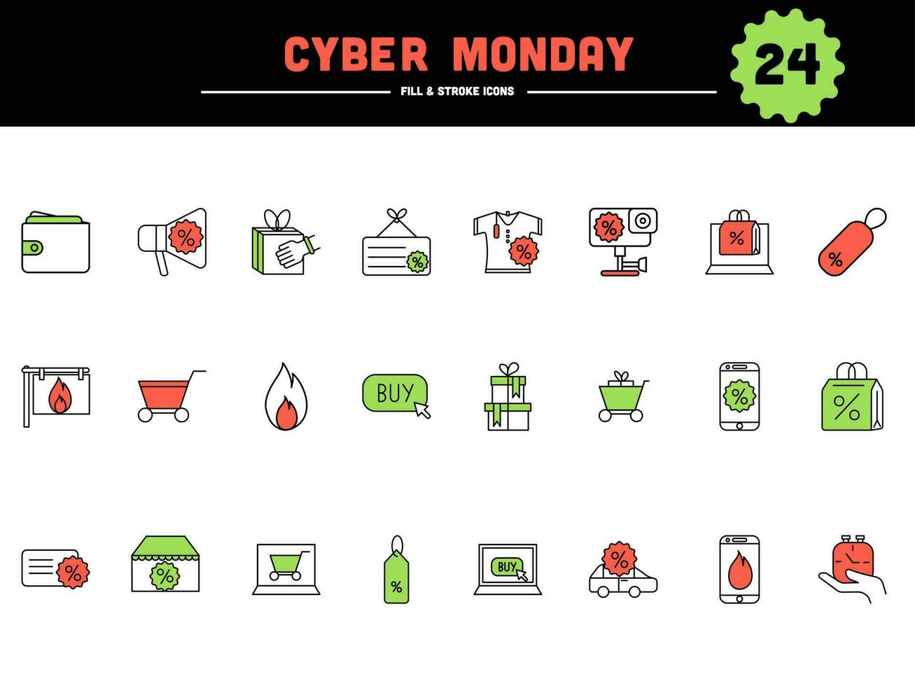 eben Stil 24 Cyber Montag Symbole auf Weiß Hintergrund. vektor