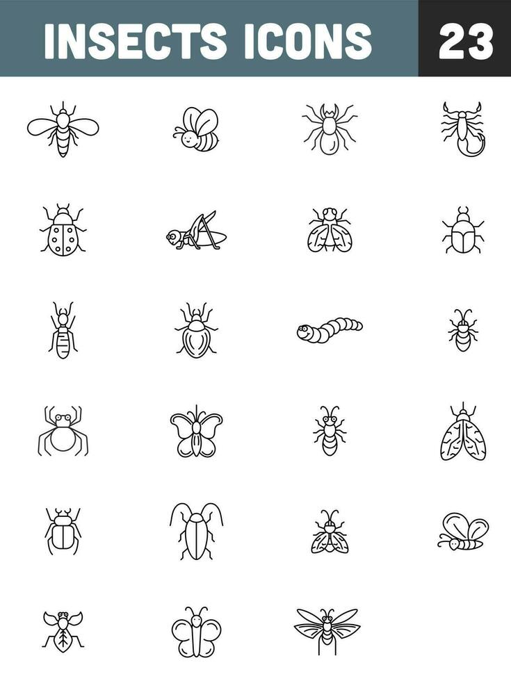 svart linje konst insekt 23 ikoner på vit bakgrund. vektor
