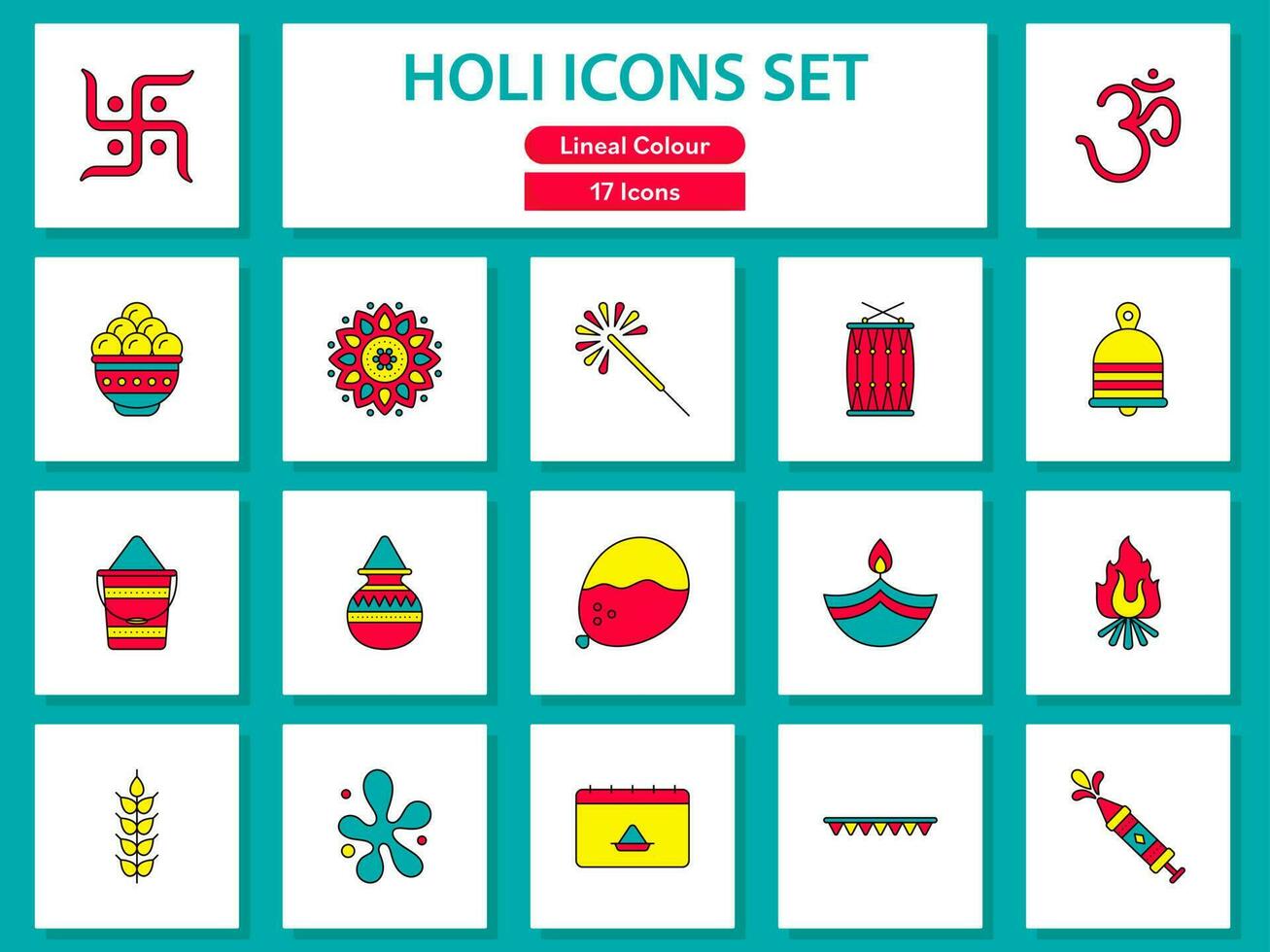holi festival ikoner över fyrkant vit och turkos bakgrund. vektor