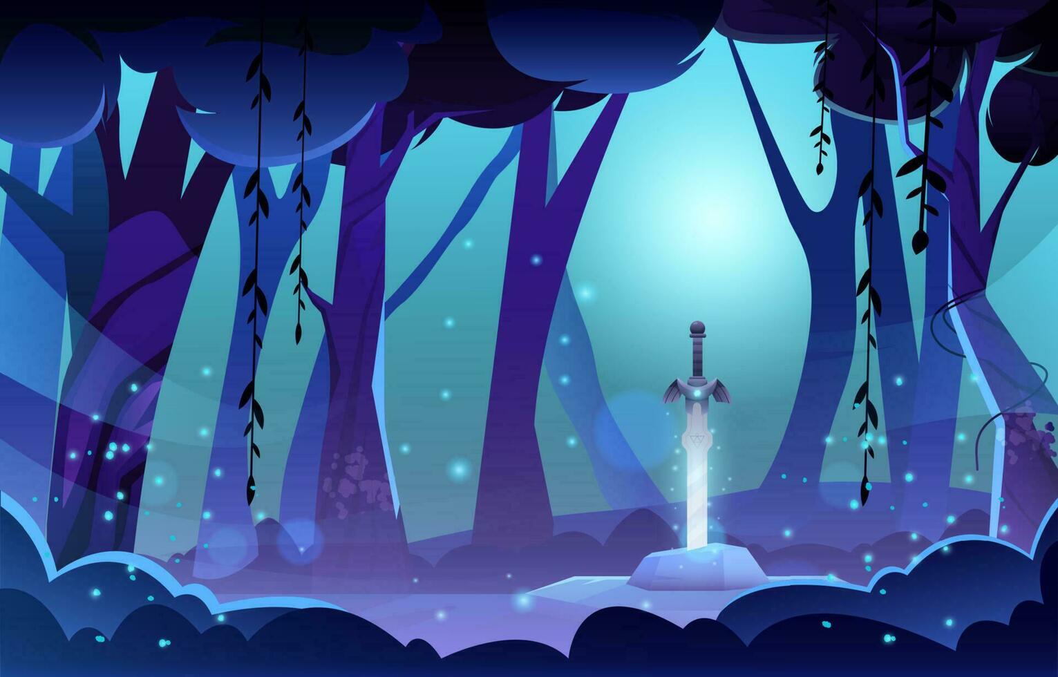 riddarens svärd i de mitten av en fantasi skog bakgrund vektor