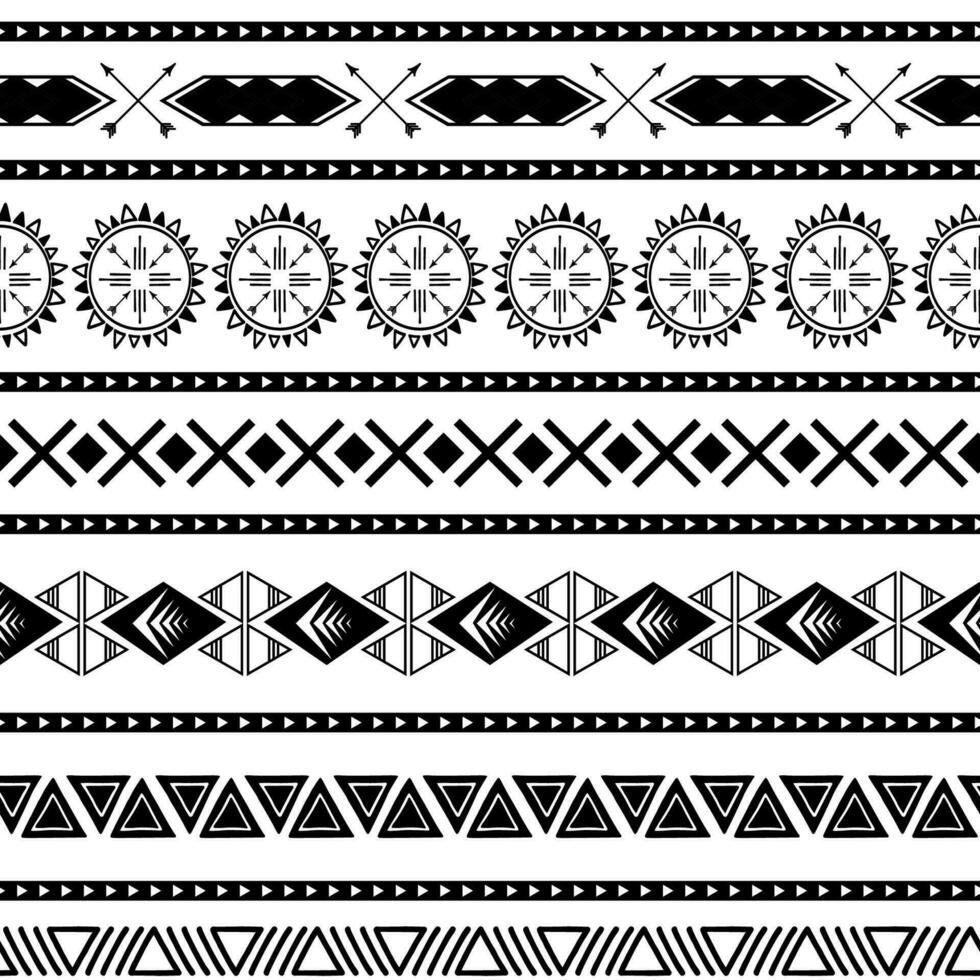 vektor stam- etnisk sömlös mönster i svart vit färger aztec geometrisk bakgrund. mexikansk prydnad textur inföding amerikan traditionell design folk horisontell geometrisk skriva ut tapet slå in trasa