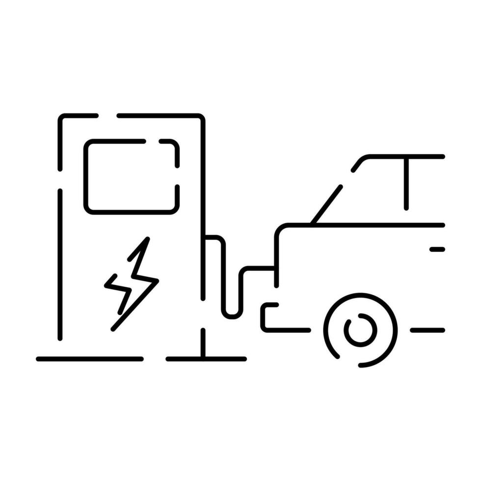 elektrisk bil linje ikon. elektrisk bil kabel- kontur och plugg laddning svart symbol. eco vänlig elektro bil fordon begrepp. vektor elektricitet illustration.