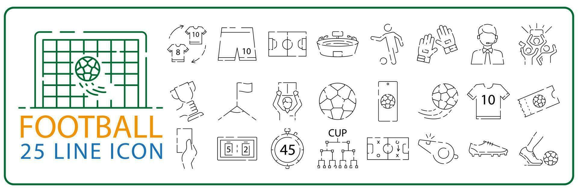 Fußballlinie Symbol gesetzt. Dazu gehörten die Symbole Fußball, Ball, Spieler, Spiel, Schiedsrichter, Jubel und mehr. vektor