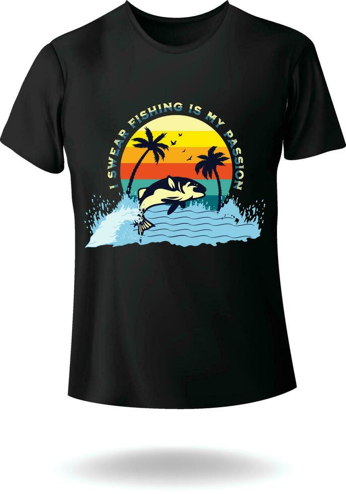 jag svära fiske är min passionen årgång retro stil hav fisk blå val handflatan träd sommar strand soluppgång hav strand vektor illustration t-shirt design eps 10