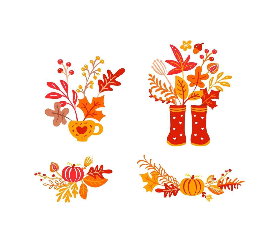 Satz orangefarbene Herbstlaubsträuße mit Gummistiefeln. orange Blätter des Ahorns mit Tasse, mit Kürbis, mit Laub Eiche, Herbst Natur Saison Poster Thanksgiving Design vektor