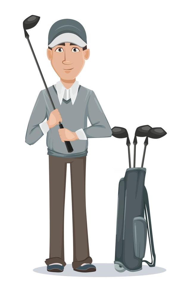 golfspelare, stilig golfare seriefigur vektor