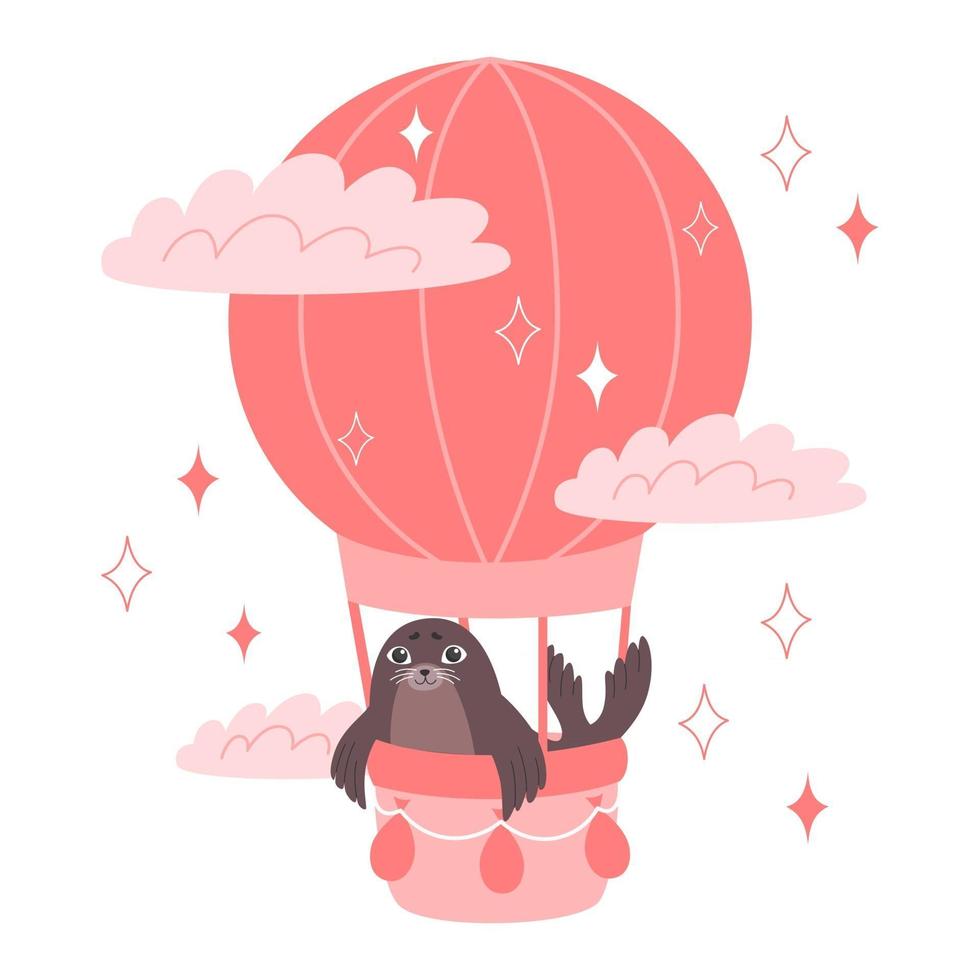 Robbenfahrten in einem Heißluftballon, Tierbabyillustration für Kinderzimmer vektor
