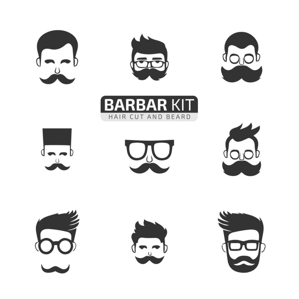 hår stil av män eller mustasch med glasögon och hårstrån uppsättning barberare logotyp ikoner utrustning vektor