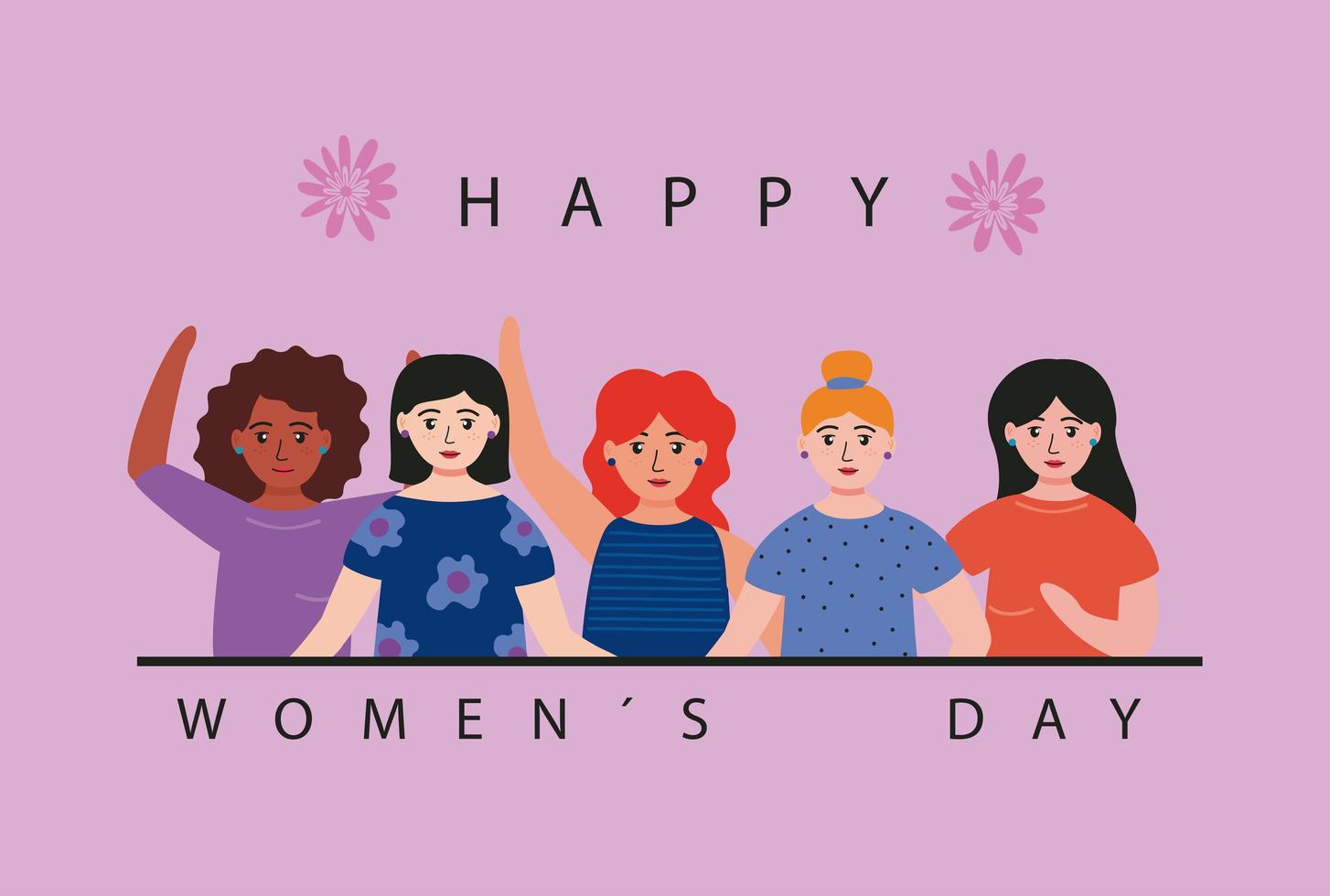 glad kvinnas dag bokstäver kort med fem interracial flickor vektor