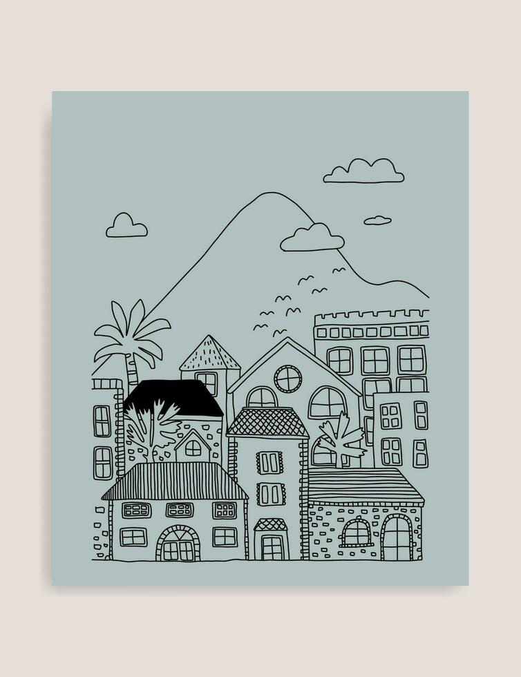 Mini Stadt, Dorf mit Berg und Wolke im das Hintergrund Gekritzel Hand gezeichnet Färbung Seite vektor