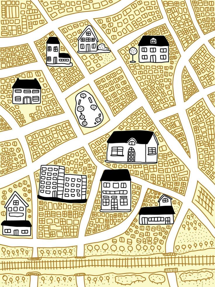 städtisch Karte von Straße Häuser und Stadt, Dorf Landschaft Gekritzel Hand gezeichnet vektor