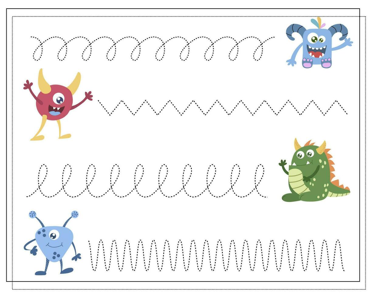 handstil öva, pedagogisk spel för ungar, tecknad serie monster, utomjordingar. vektor