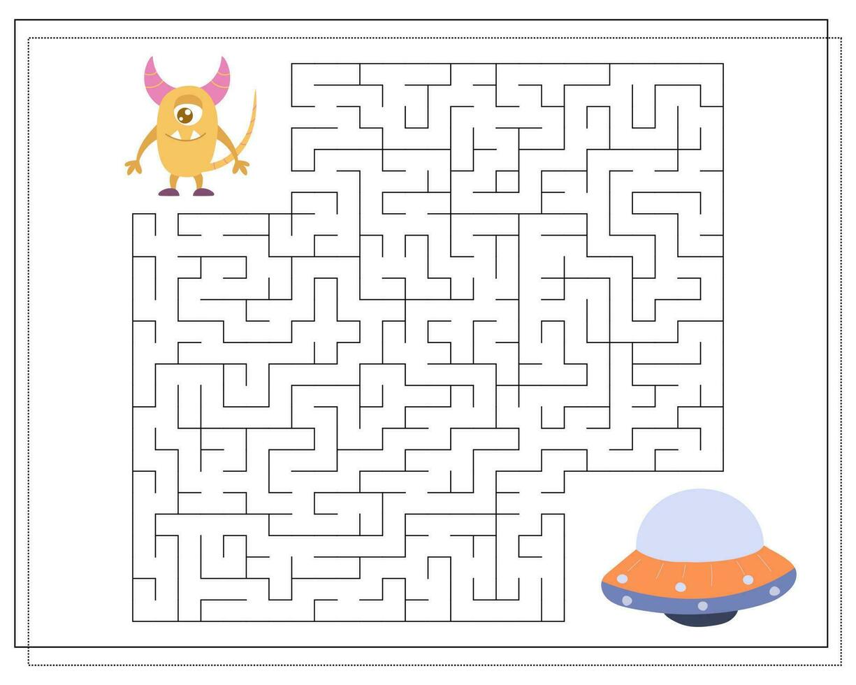 Labyrinth, ein lehrreich Spiel zum Kinder. finden das Weg von das Karikatur Monster- zu das fliegend Untertasse. Vektor Illustration auf ein Weiß Hintergrund