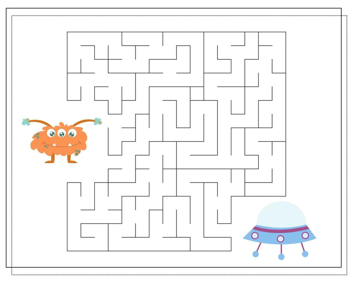 labyrint, ett pedagogisk spel för barn. hitta de sätt från de tecknad serie monster till de flygande fat. vektor illustration på en vit bakgrund