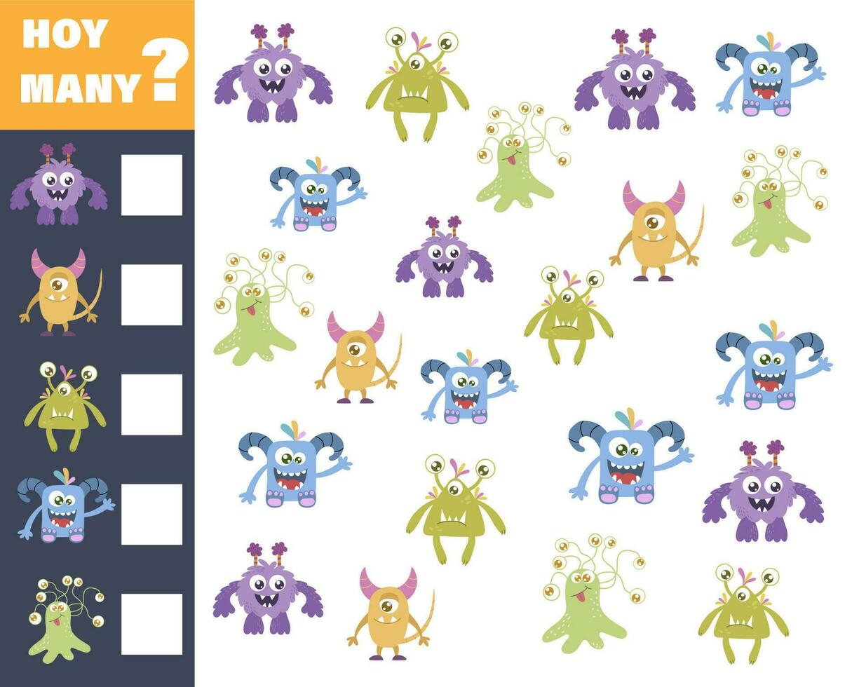 Zählen Spiel zum Vorschule Kinder. lehrreich Mathematik Spiel. Anzahl Wie viele Monster Dort sind und Aufzeichnung das Ergebnis vektor