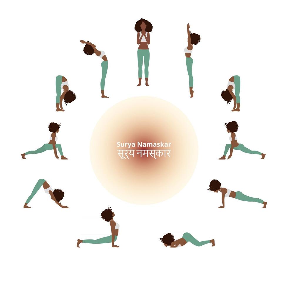 surya namaskar afroamerikansk yoga vektorillustration. uppsättning yogaställningar vektor