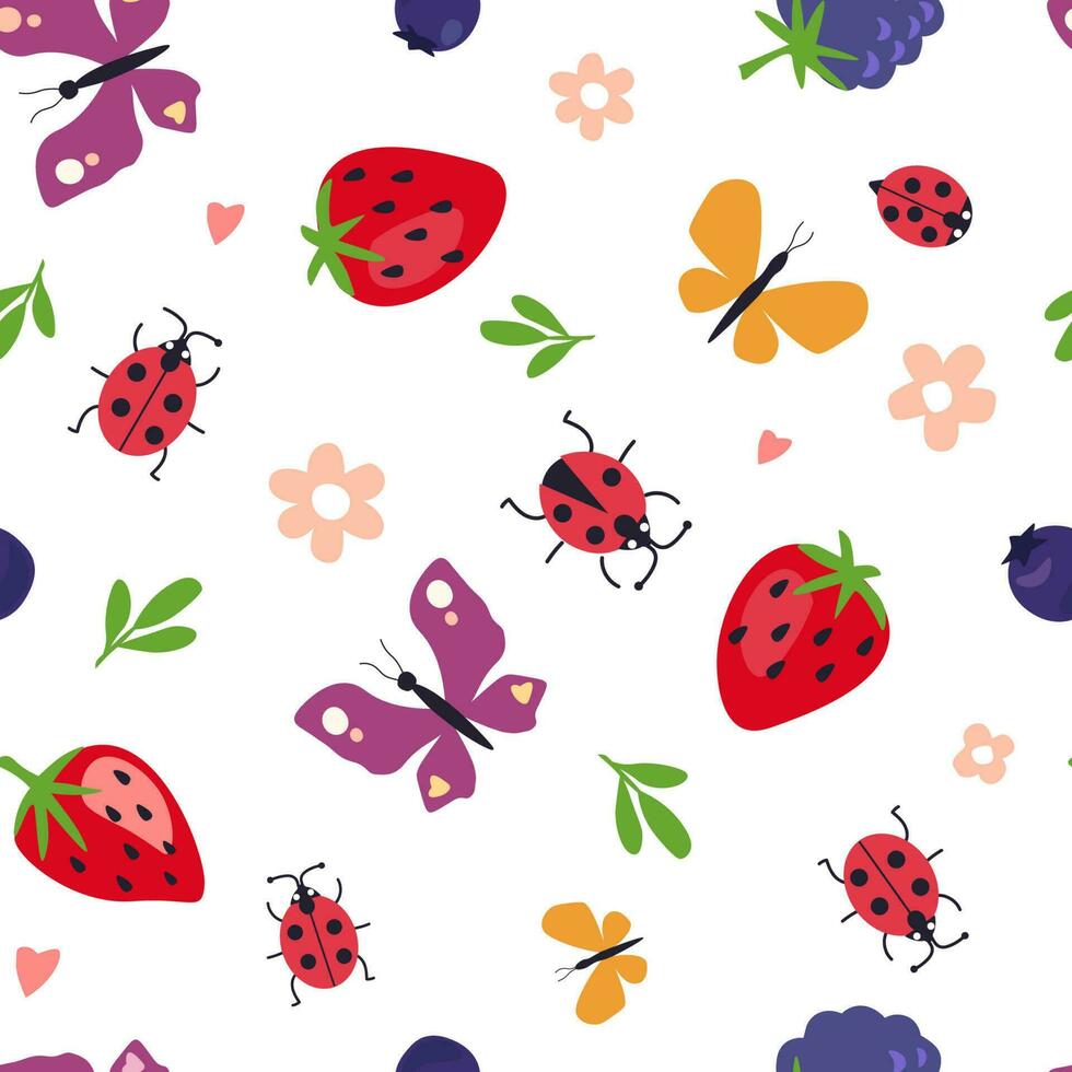 nahtlos Muster mit ein einstellen von Früchte und Beeren, Schmetterlinge und Marienkäfer. Sommer- Ornament mit Erdbeeren, Kirschen, Blaubeeren, Brombeeren. Vektor Grafik.