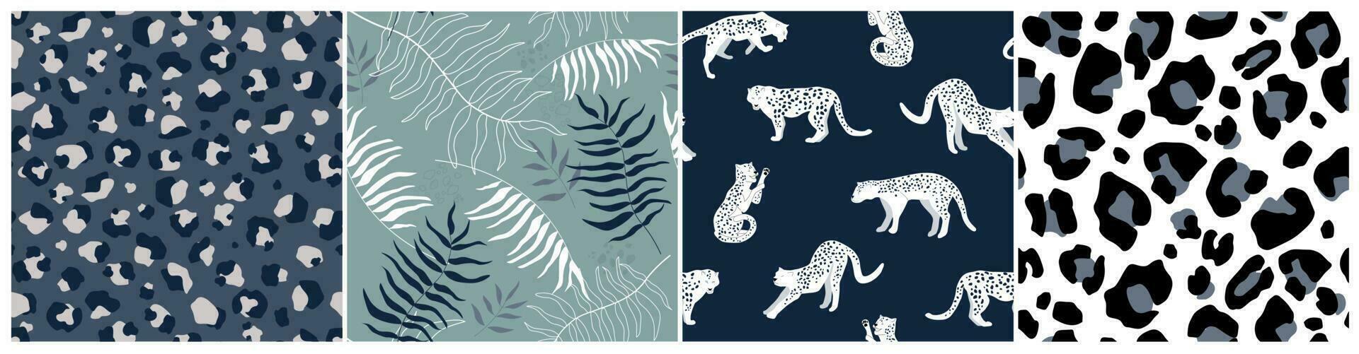 uppsättning av sömlös mönster med vild katter leoparder, djur- skriva ut, tropisk handflatan löv. vektor grafik.