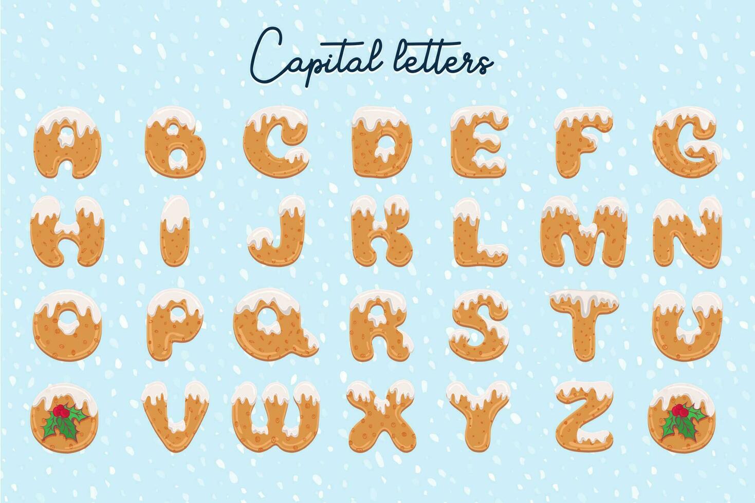 handgjort jul pepparkaka småkakor alfabet uppsättning. tecknad serie stil font. konst design brev. festlig text hälsning kort på vinter- snö bakgrund vektor
