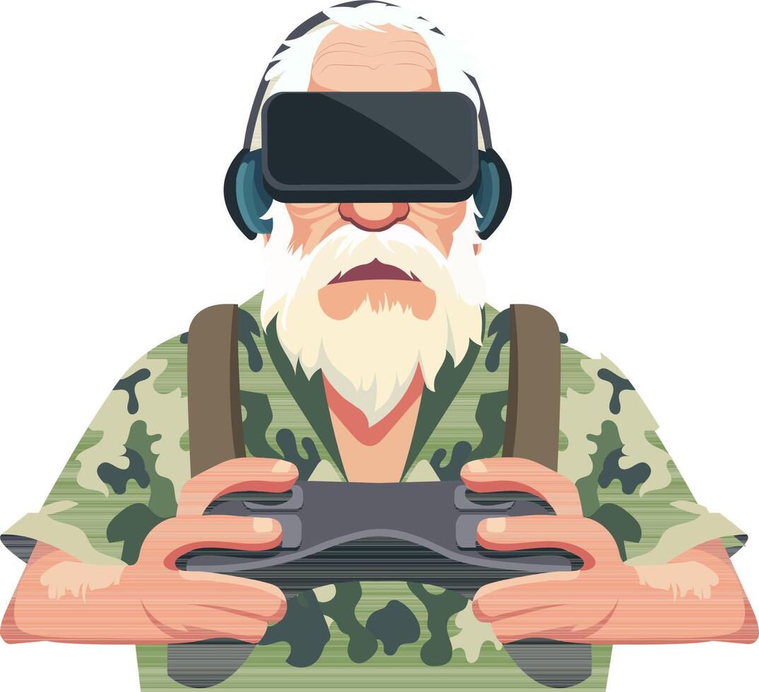 vektor illustration av gammal man bär vr headsetet med kamouflage klädsel. generativ ai illustration.