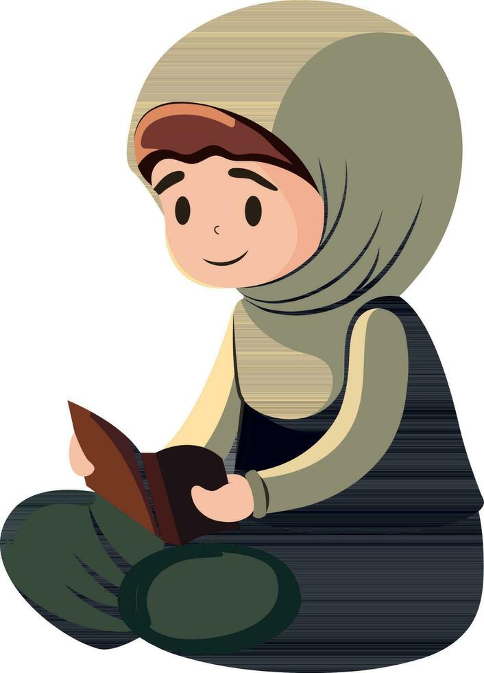 Illustration von jung Muslim Frau lesen Koran Buch im Sitzung Pose. vektor