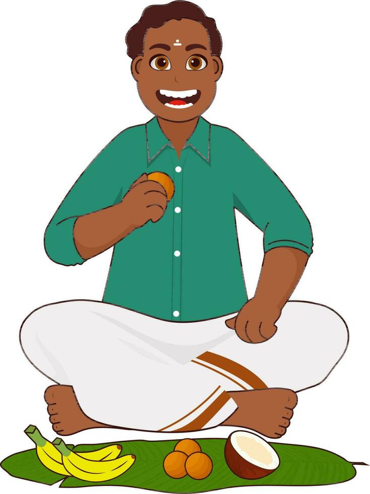 heiter Süd indisch Mann Essen köstlich Essen auf Banane Blatt im Sitzung Pose. vektor