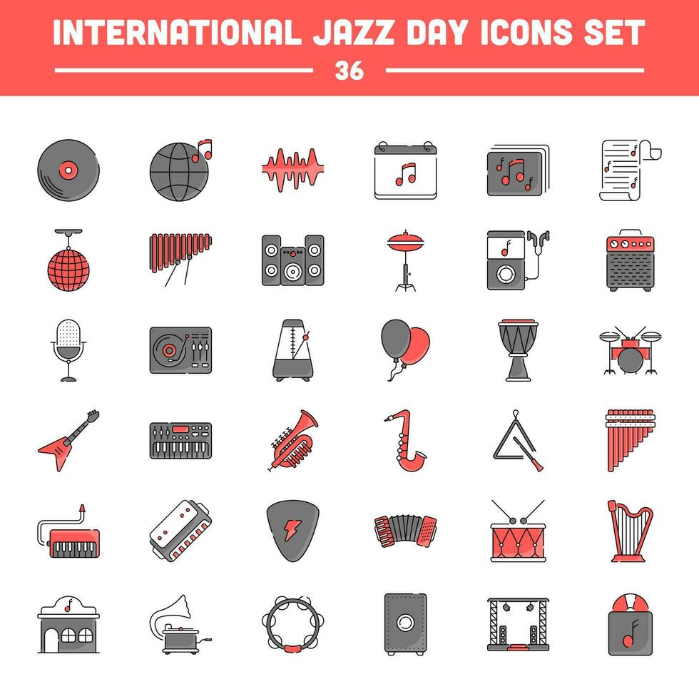 36 International Jazz Tag eben Symbol einstellen im grau und rot Farbe. vektor