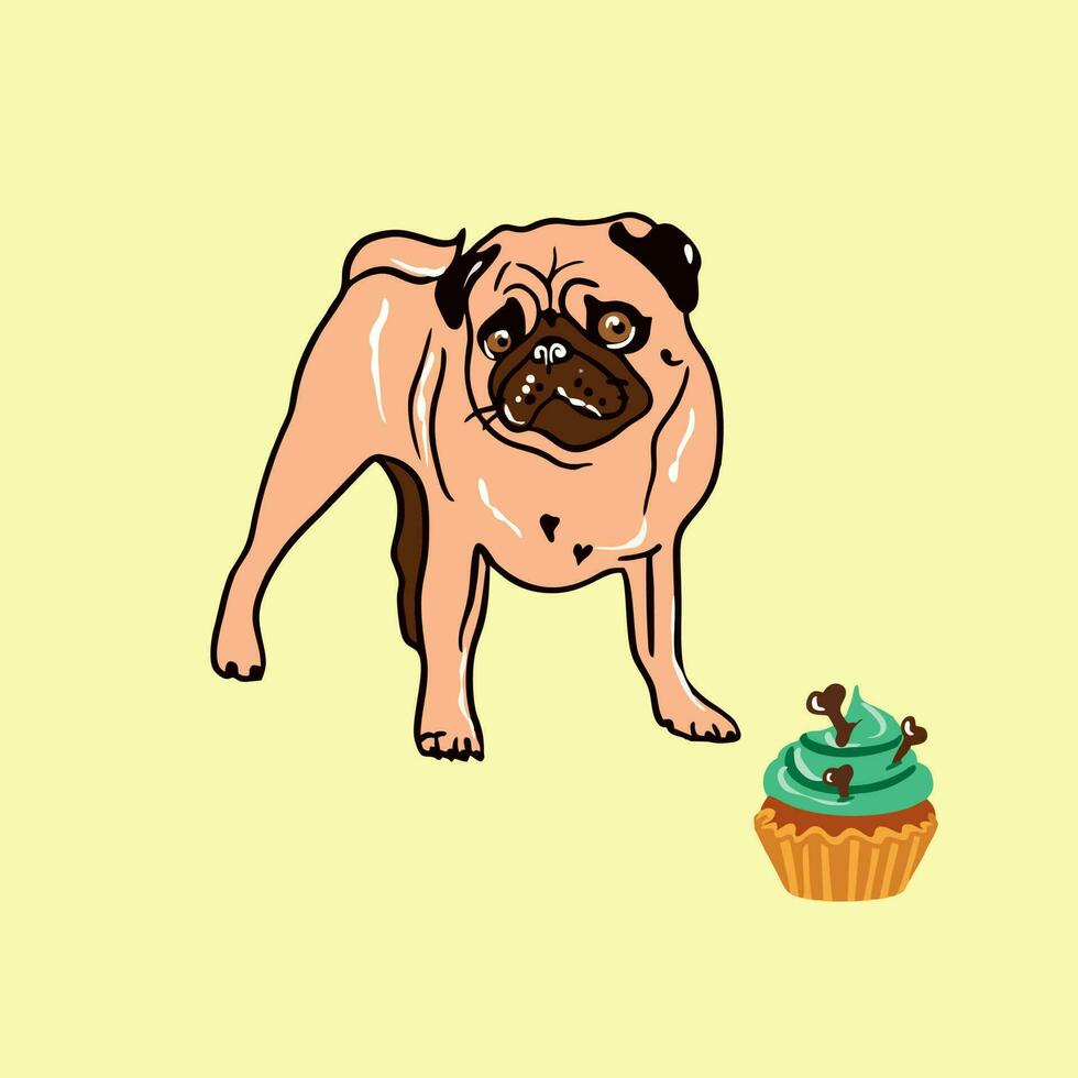 Mops mit Süss Snacks. Vektor Illustration von Hunde. süß Mops Welpe. T-Shirt Design Element, wie ein Banner zum Haustier Shops.