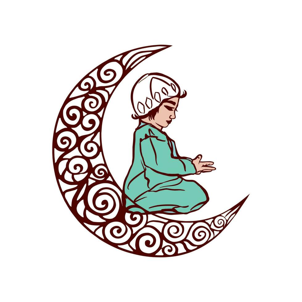 religiös muslim pojke läsning namaz på måne dekorerad bakgrund för islamic helig månad av böner ramadan kareem. Namaz, muslim bön. ramadan vektor illustration. hälsning kort, banderoller, inbjudningar