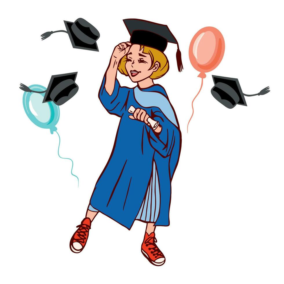 Vektor Illustration von ein Universität Absolvent, Mädchen. ein Postkarte mit das Bild von ein Absolvent mit fliegend Kappen und Luftballons ist ein Vorlage zum ein Abschluss Zeremonie, können Sein benutzt wie ein Banner, Flyer.