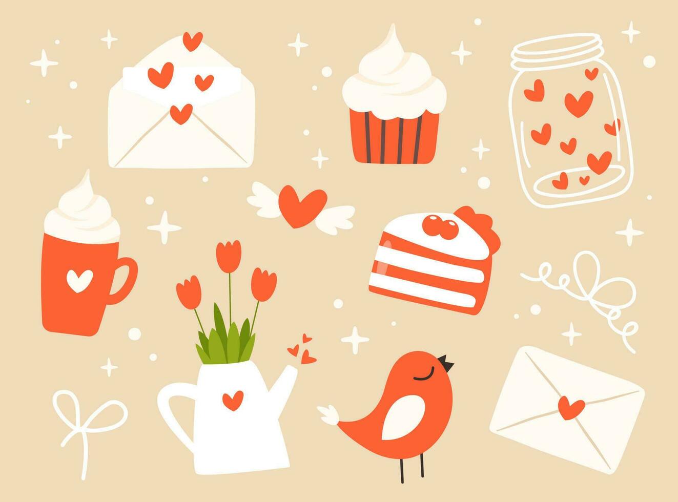 söt hjärtans dag vektor ClipArt - kärlek brev, burk med hjärtan, blommor, cupcake, bit av kaka, fågel, kaffe mugg. hjärtans dag svg