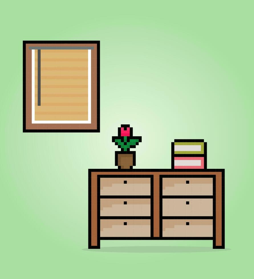 8 bit pixel trä- skrivbord och fönster i vektor illustration för spel tillgångar. isolerat pott blomma, och böcker .