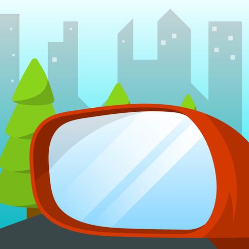 Platt Vänster Ryggsikt Mirror Of Car med City Skyline Bakgrund Vector Illustration